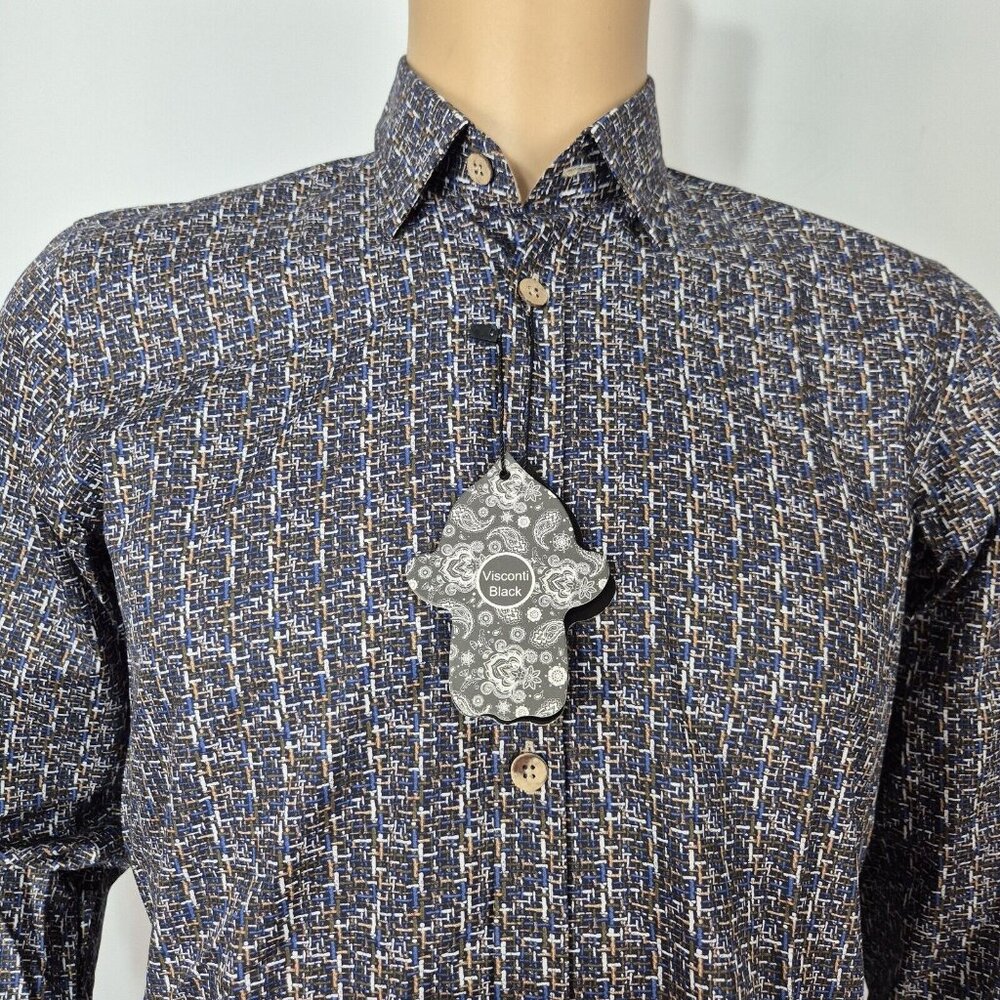 Visconti Black Shirt Men's Size S Blue Multi Button Up Long Sleeve Stretch (51)